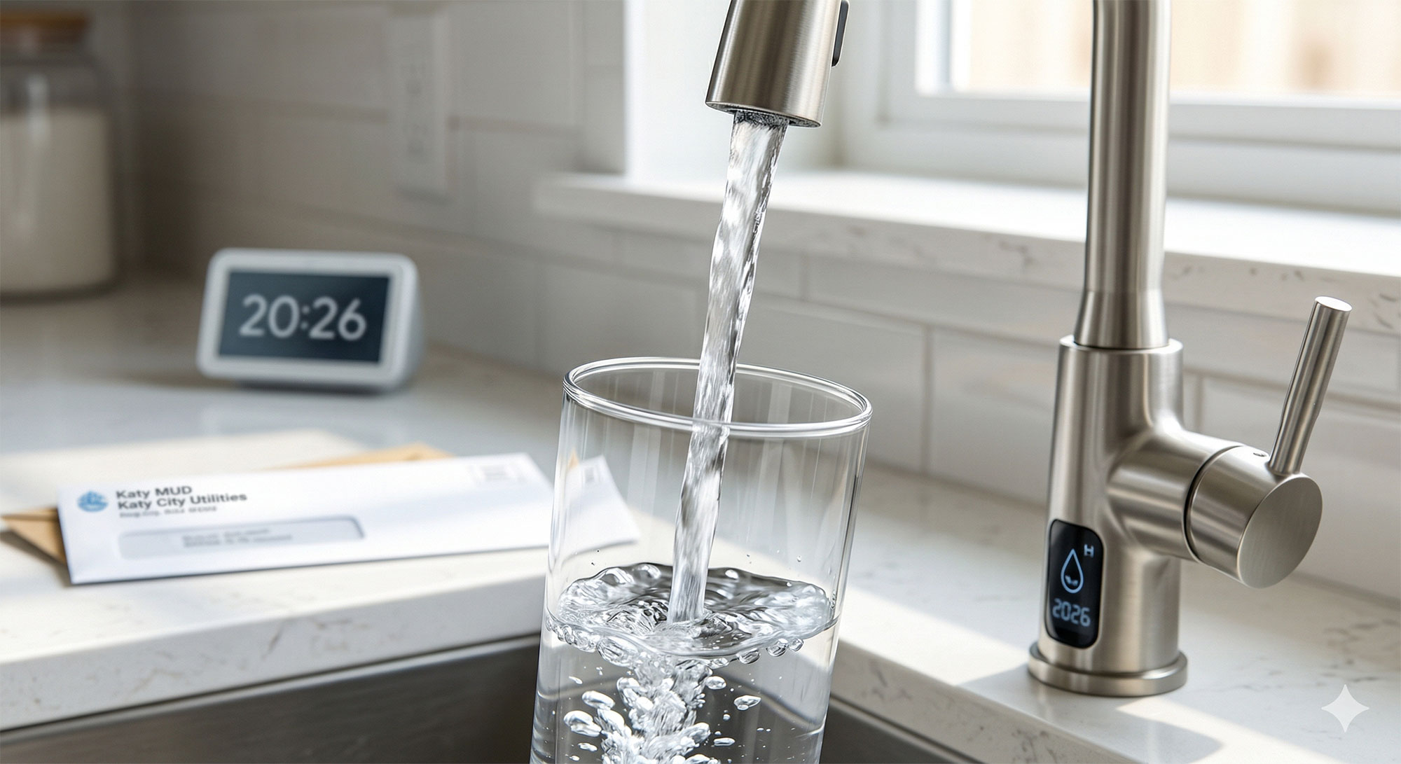 gemini ai rendered image of water from a tap going into a cup with 2026 on the clock