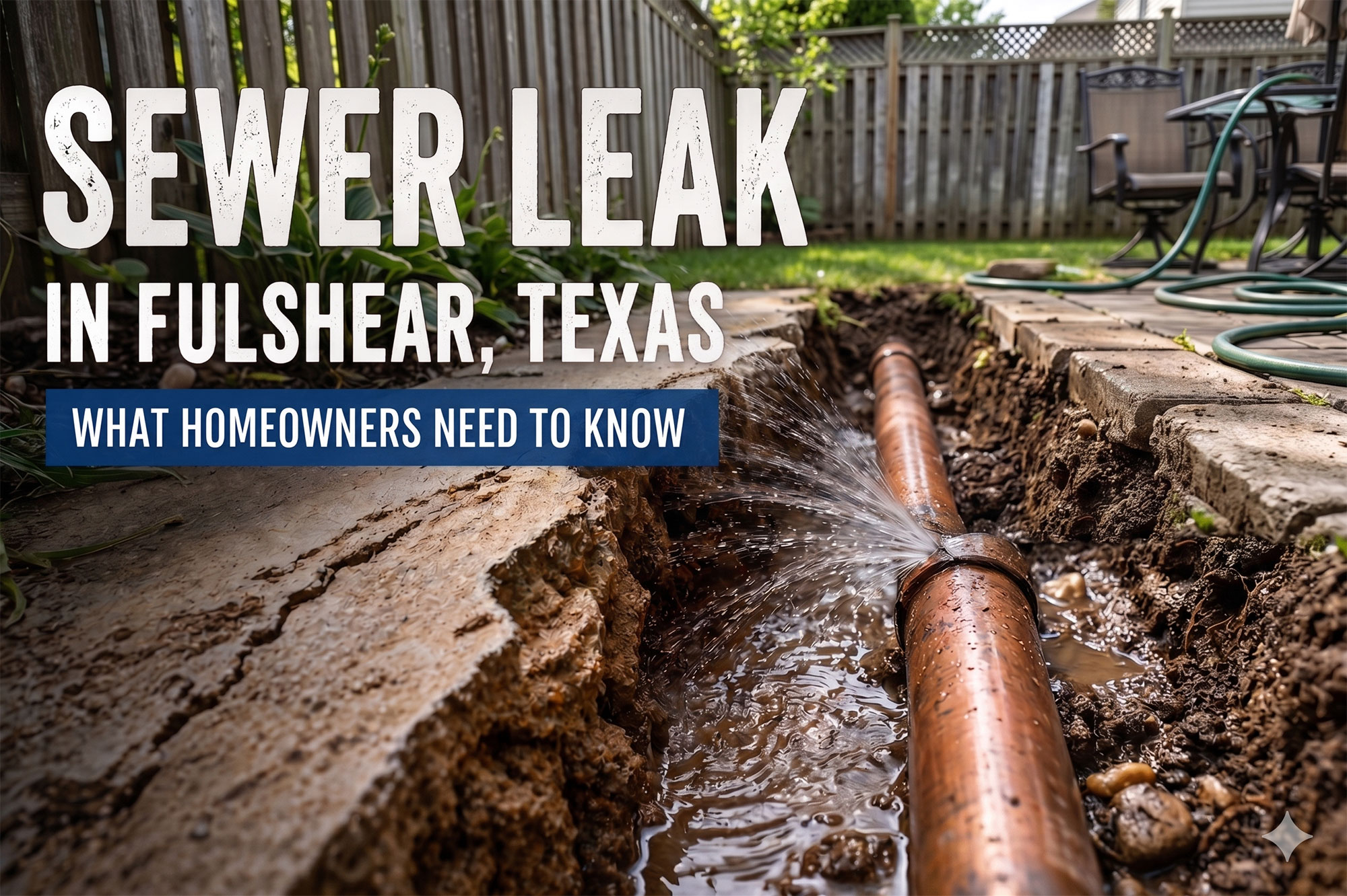 Gemini AI generated image of a sewer leak in a residential backyard in Fulshear Texas
